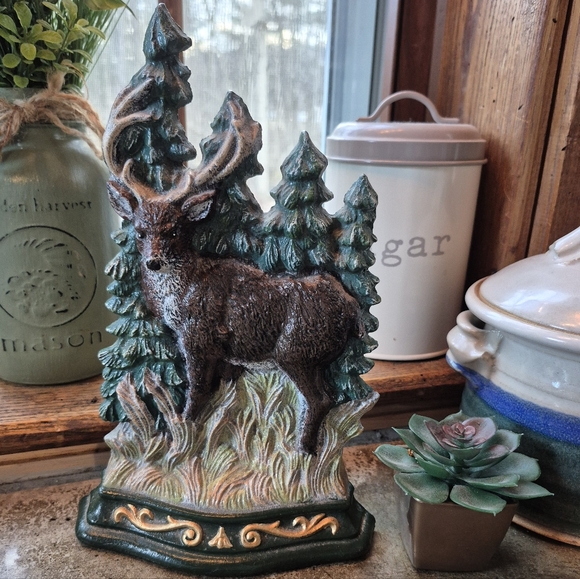 Vintage Cast Metal Deer In Woods Woodland Heavy Handpainted Door Stop / Book End